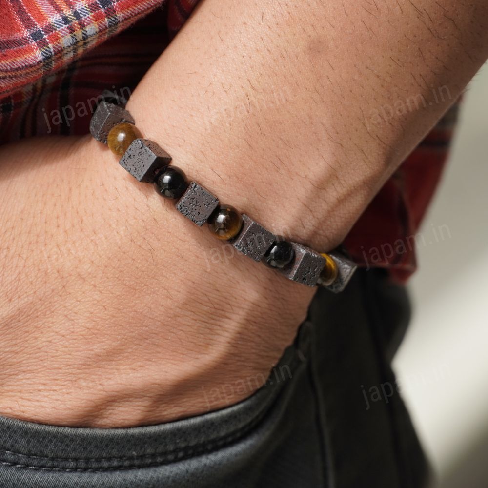 Tri-Energy Fusion Band with Tiger Eye, Black Onyx & Lava Beads