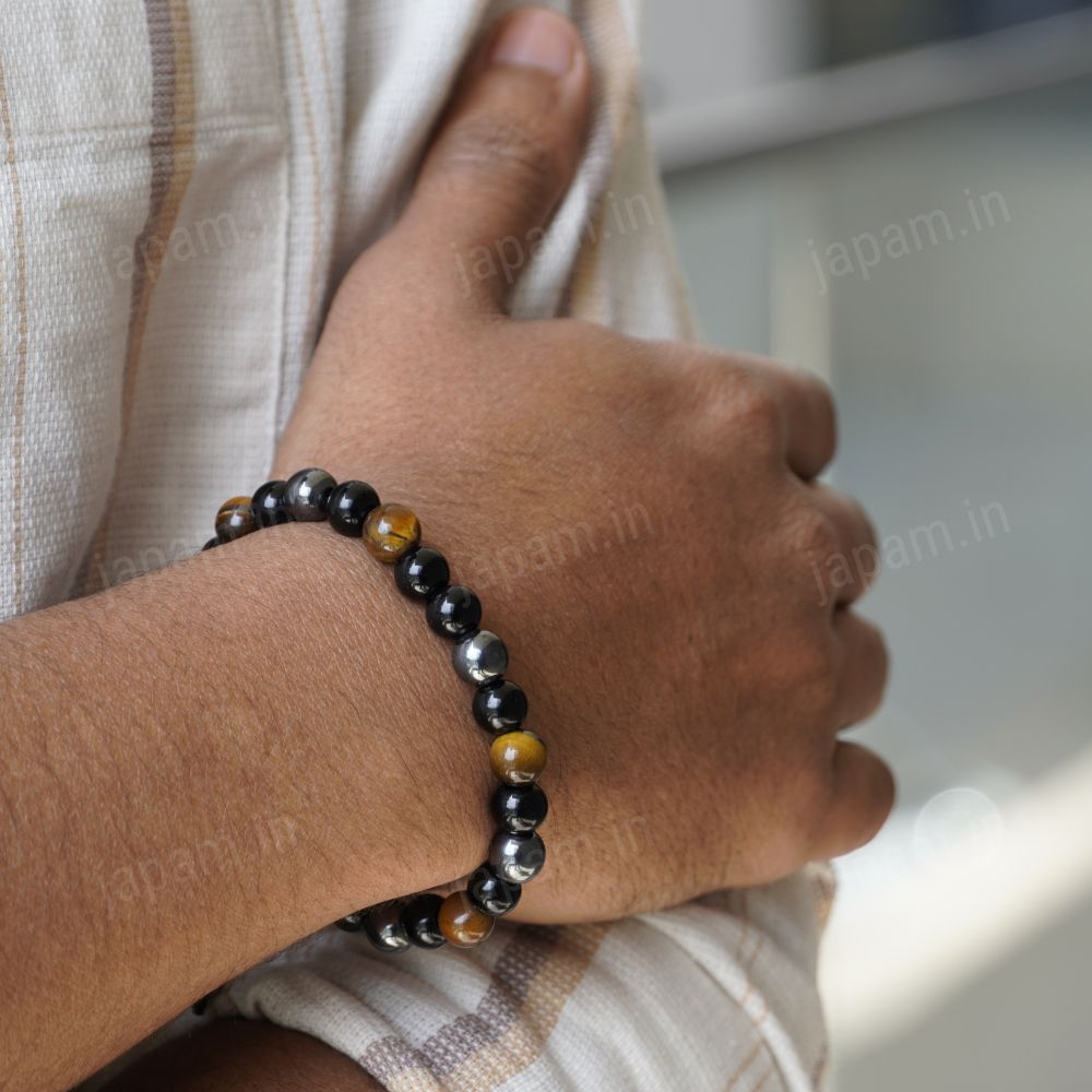 Triple Protection Tie-Up Band with Tiger Eye, Black Obsidian & Hematite Beads