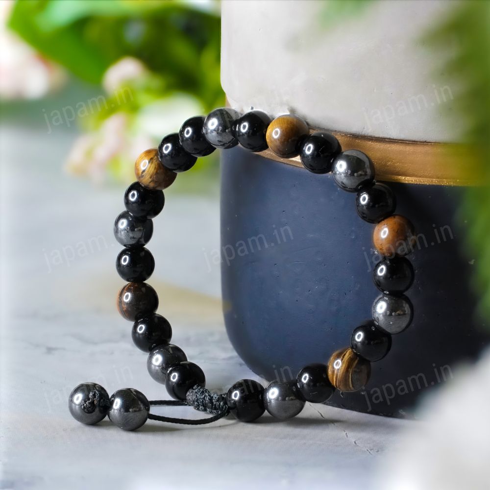 Triple Protection Tie-Up Band with Tiger Eye, Black Obsidian & Hematite Beads