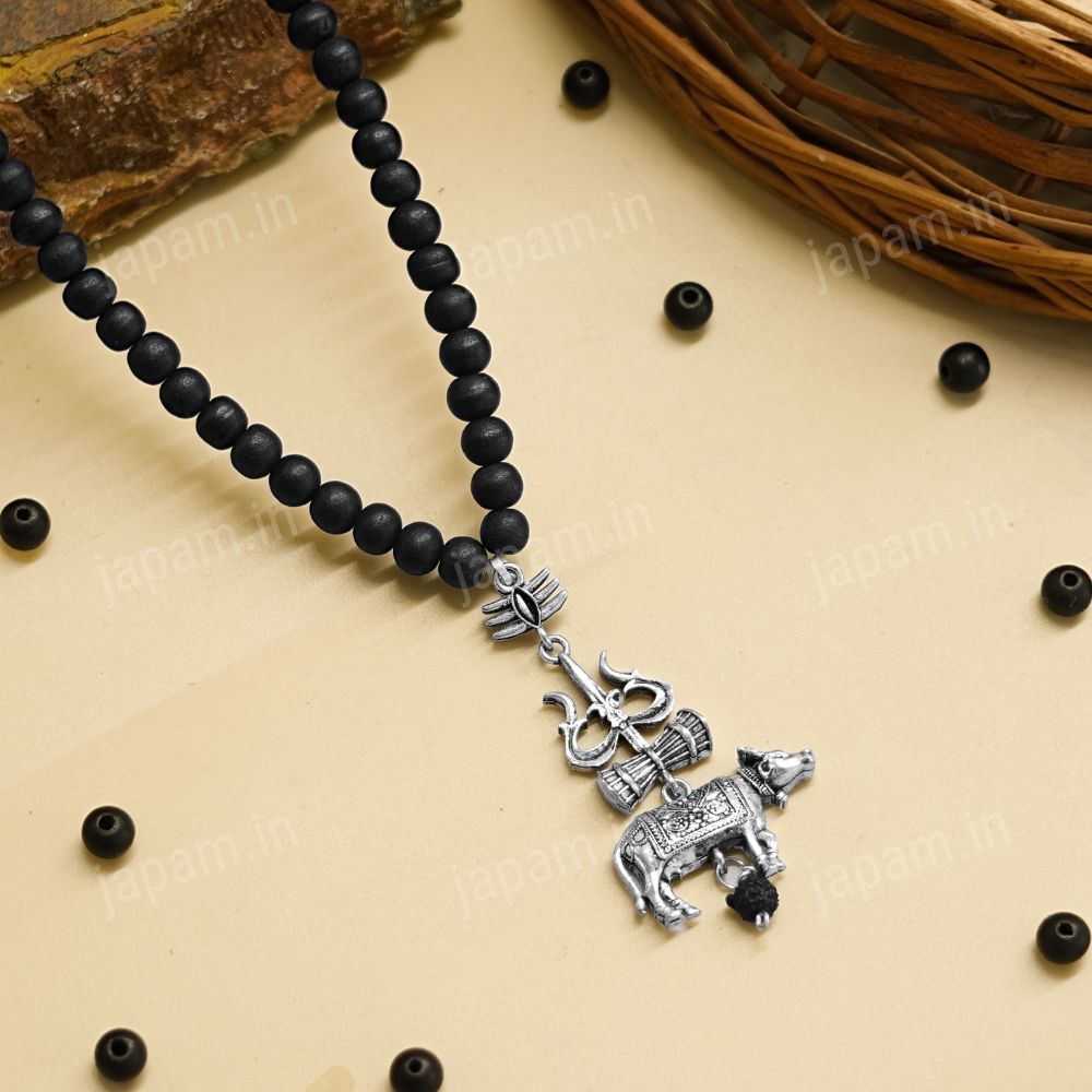 Silver Plated Karungali Mala with Trishool Nandi Pendant