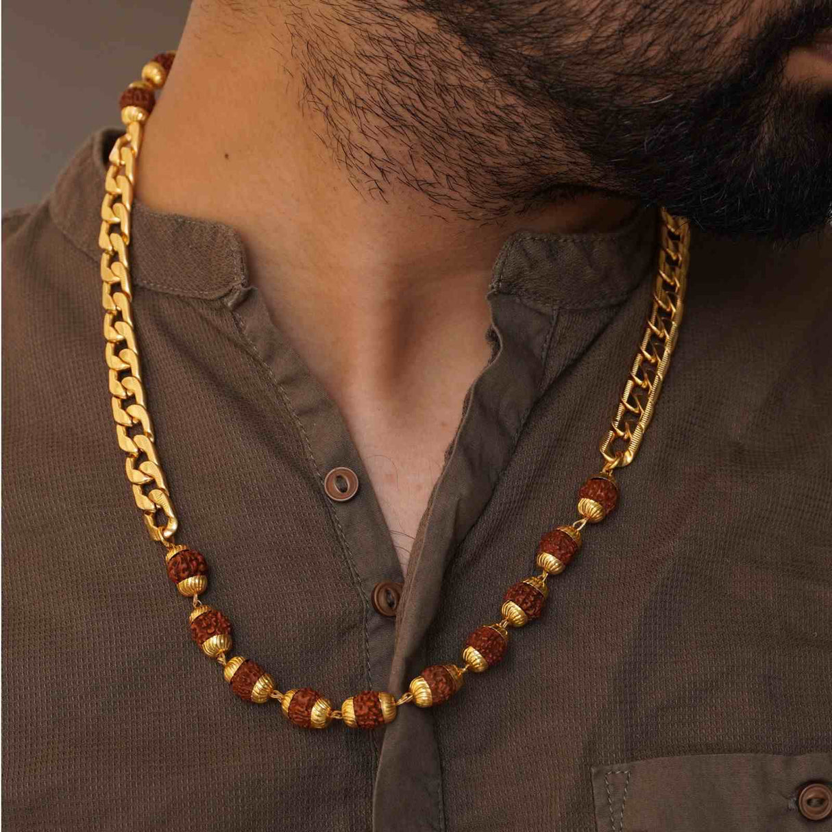 Gold Plated Rudraksha Links Necklace For Men