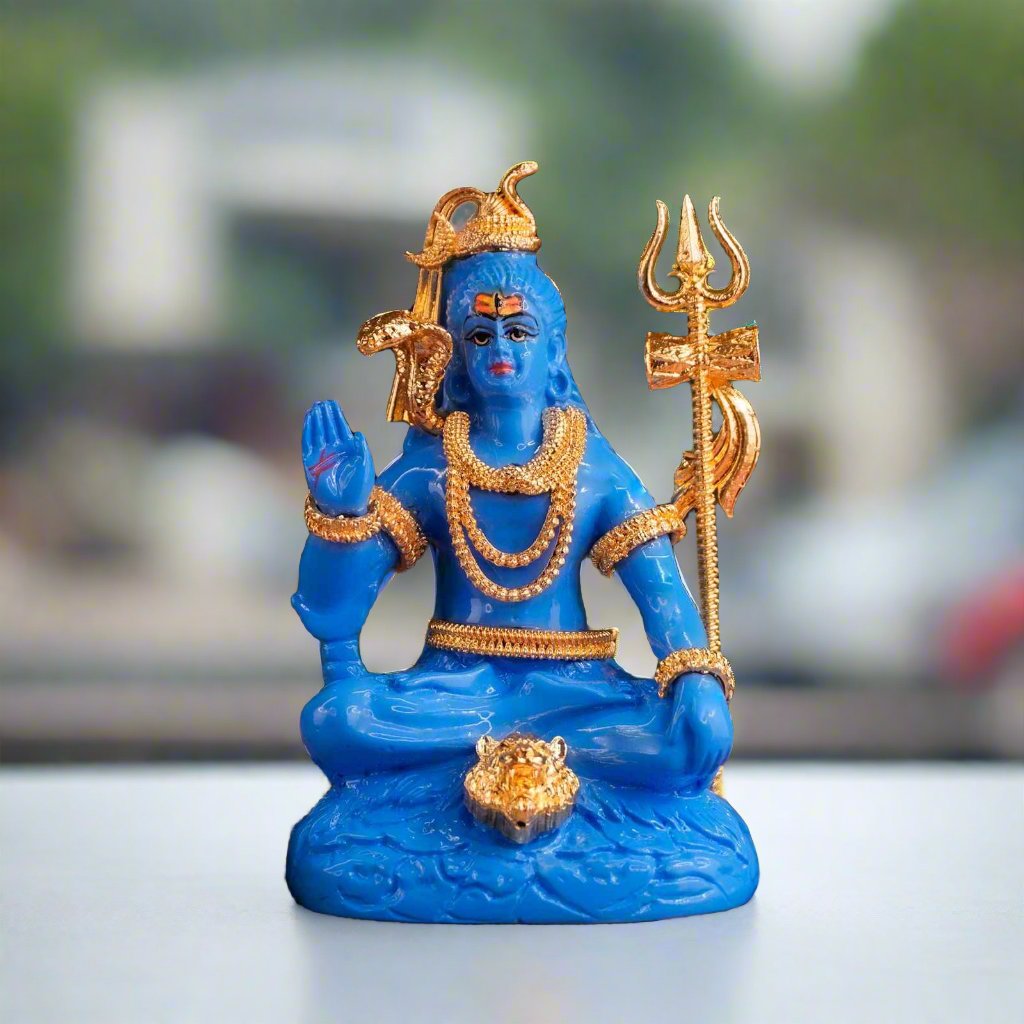 Gold Plated Celestial Blue Shiva Idol - for Car Dashboard and Mandir
