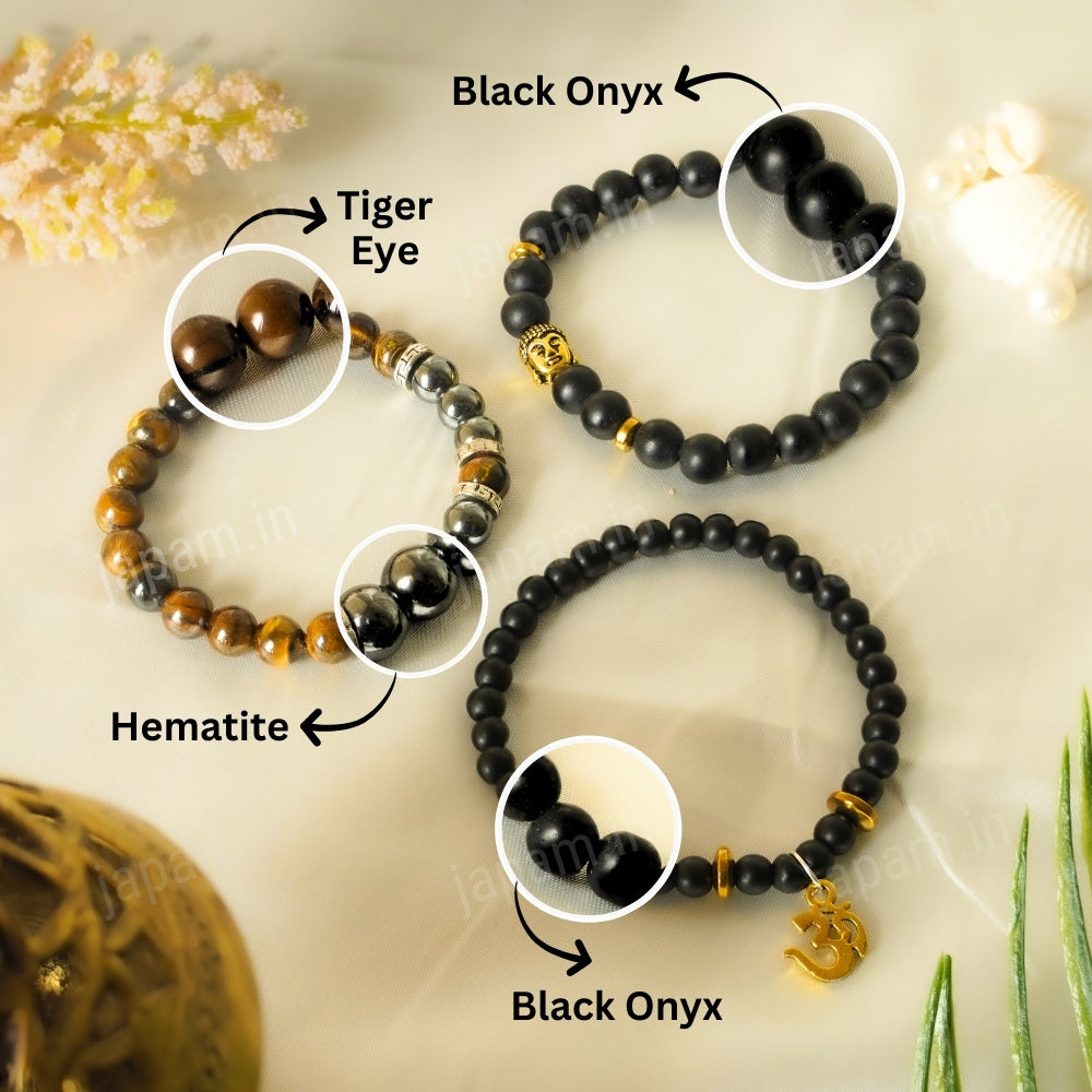 Power Om Energy Combo of Black Onyx, Hematite & Tiger Eye Bands