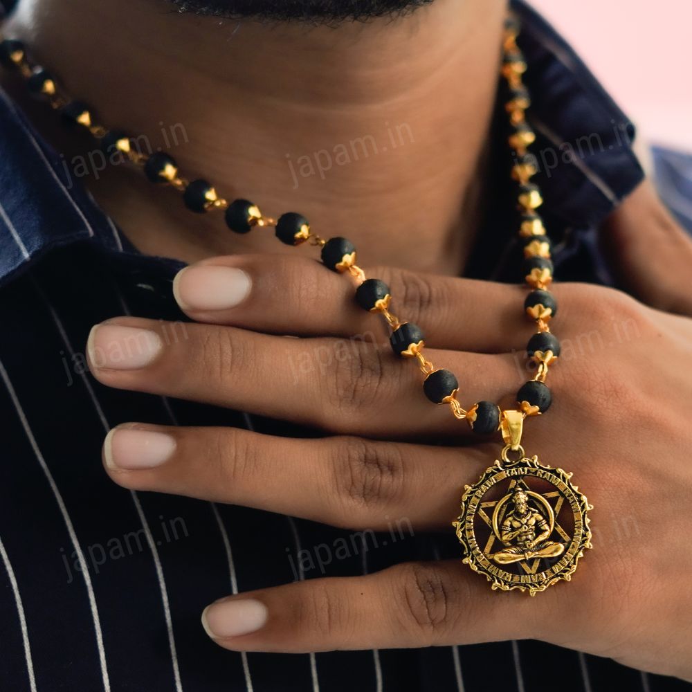 Gold Plated Karungali Necklace with Hanuman Pendant