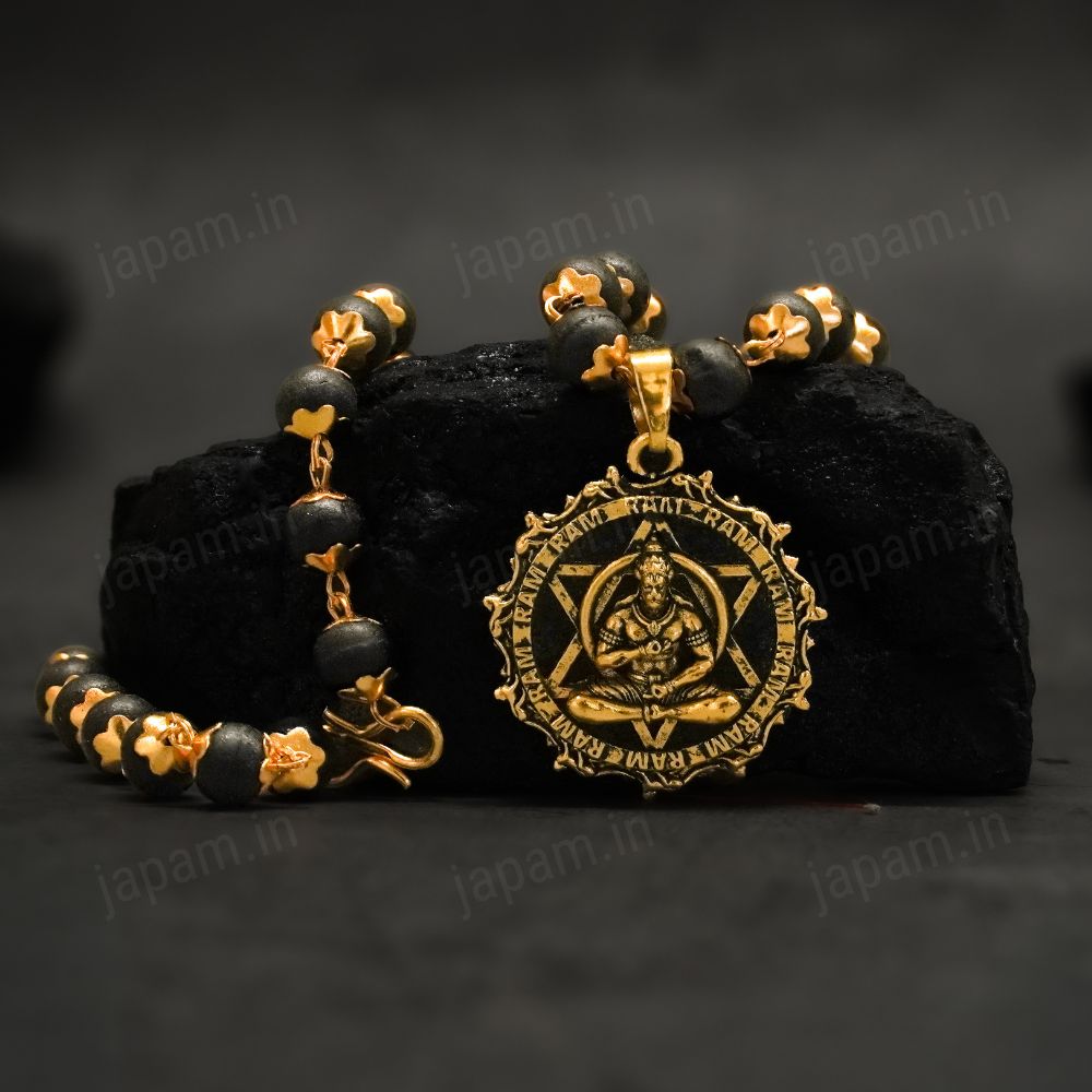 Gold Plated Karungali Necklace with Hanuman Pendant