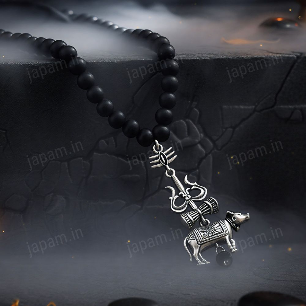 Silver Plated Karungali Mala with Trishool Nandi Pendant