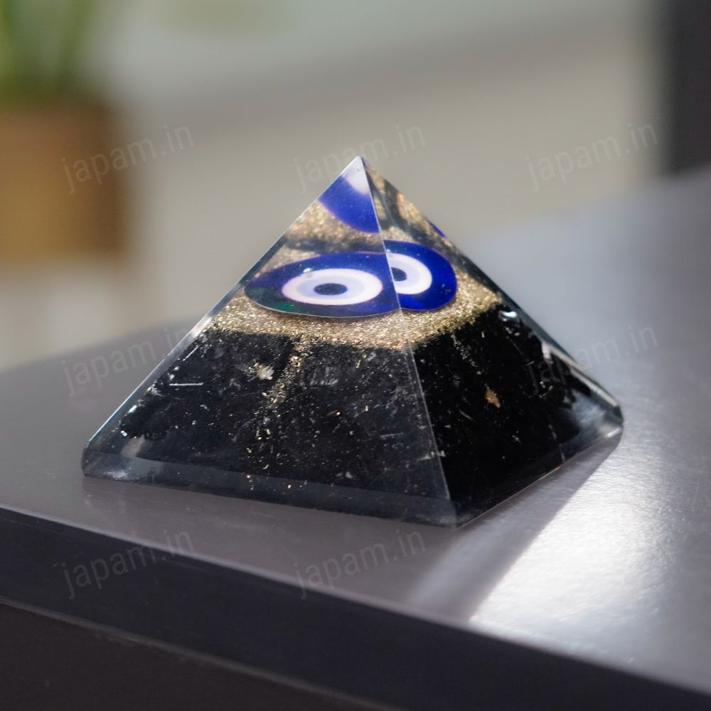 Evil Eye Guardian Pyramid with Pyrite & Black Obsidian Stone