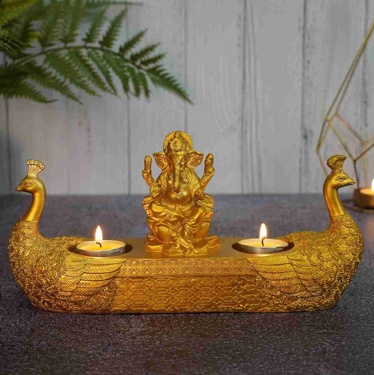 Gold Plated Peacock Grace Ganesh Ji - Candle Holder
