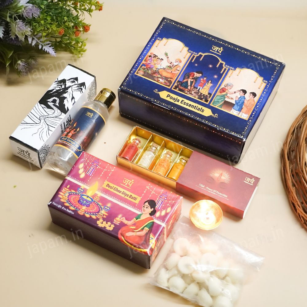 Pooja Essentials Combo - Tilak Set + Ghee Diya Bati + Ganga Jal