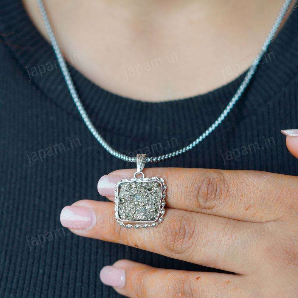 Silver Plated Raw Pyrite Stone Pendant