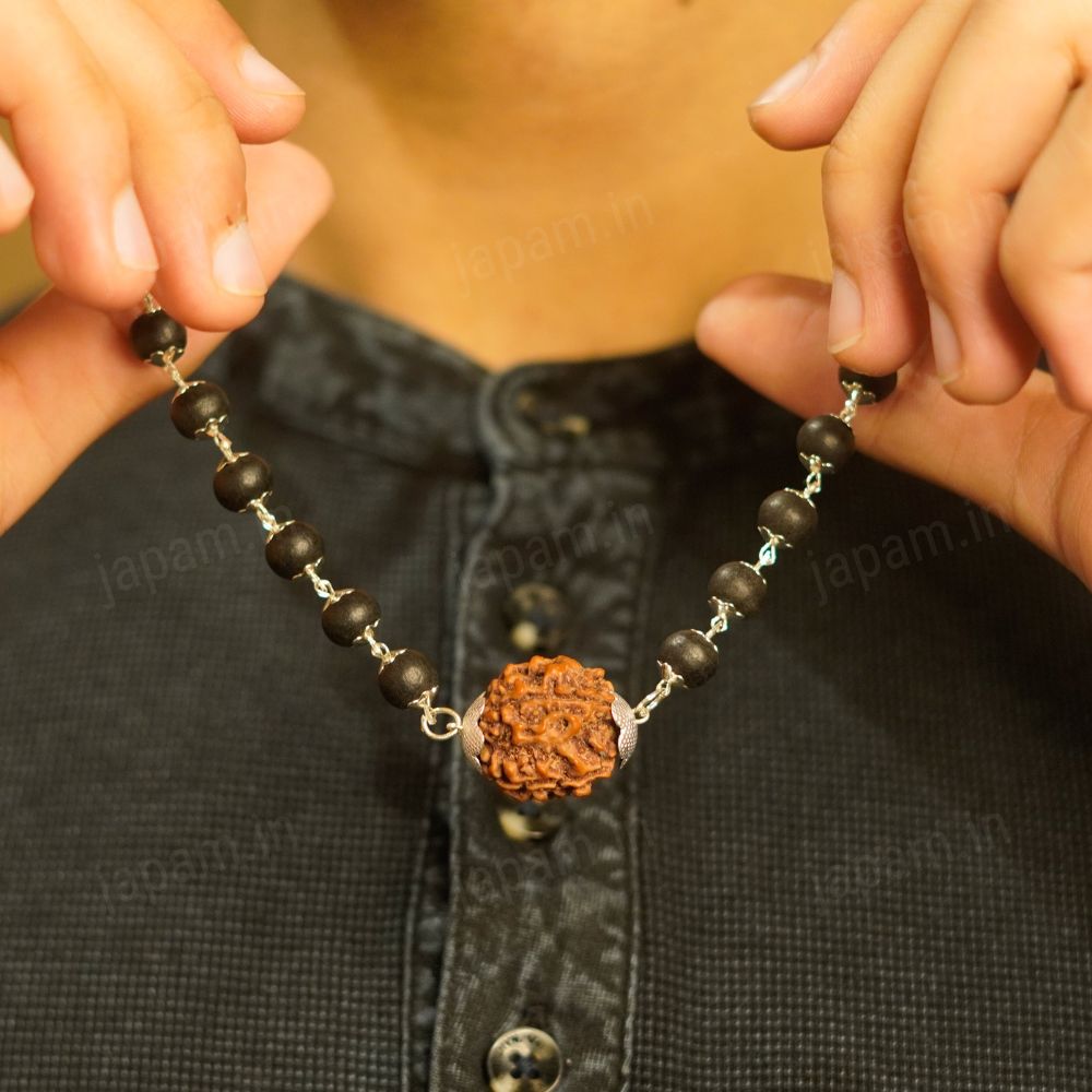 Silver Plated Karungali Mala with 12MM Rudraksha Bead