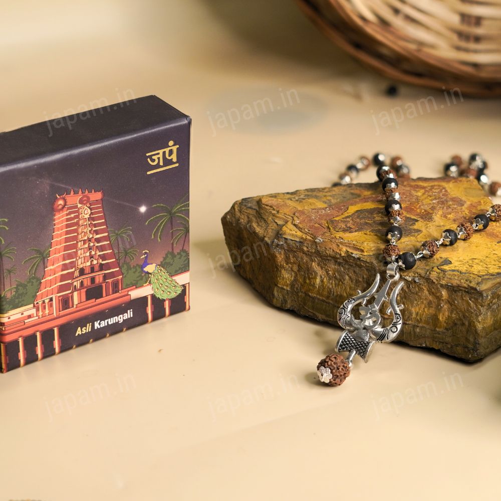 Silver Plated Rudraksha & Karungali Mala with Trishul Pendent