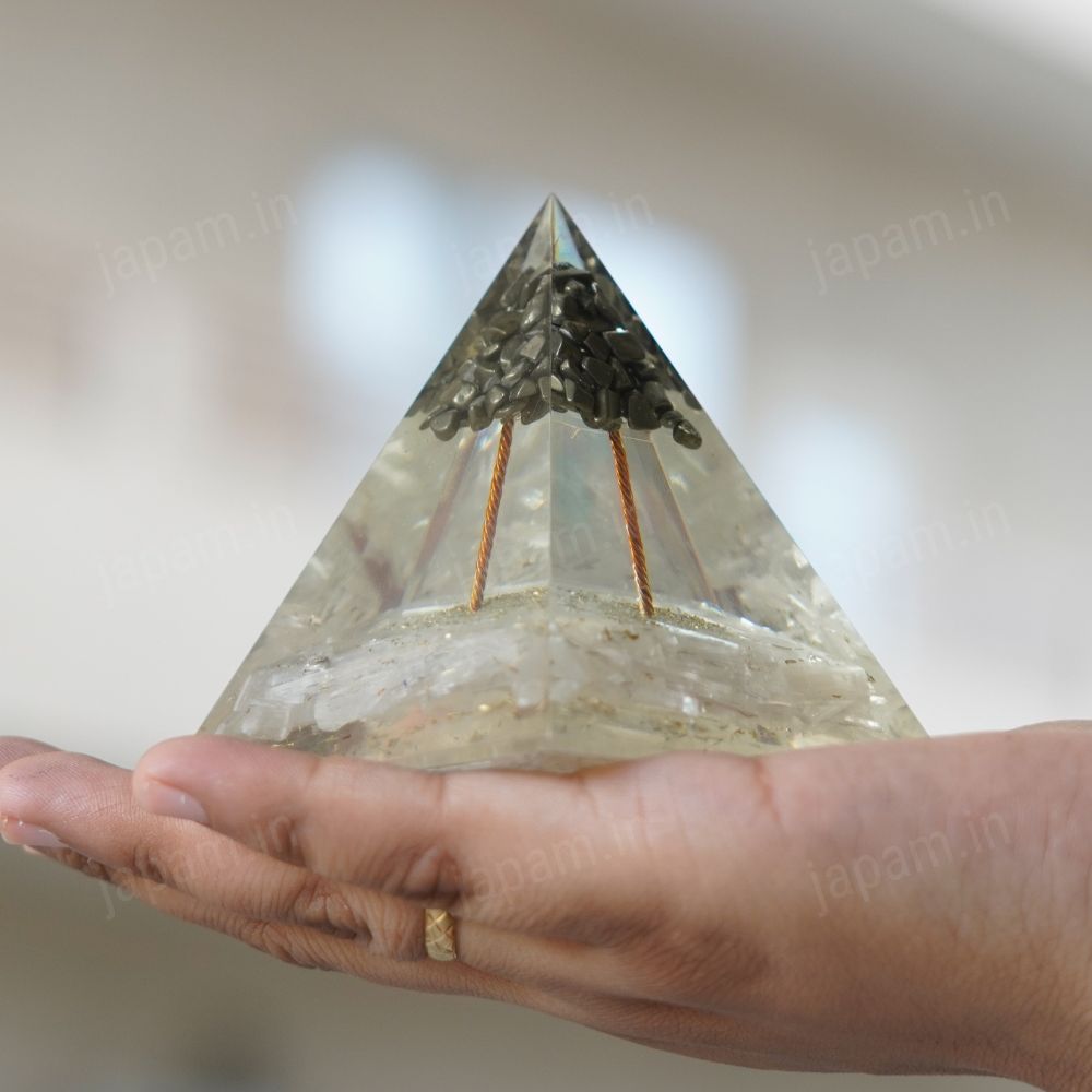 Wealth Amplifier Pyramid with Pyrite & Selenite Stones