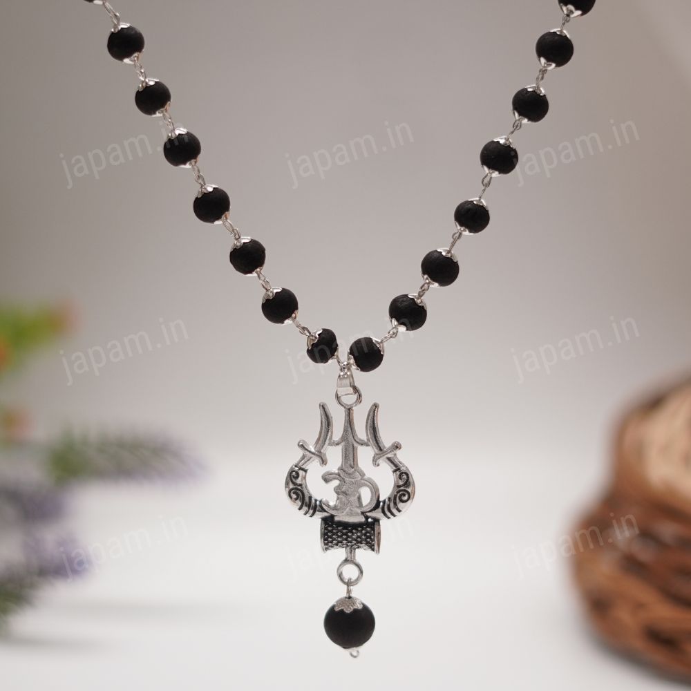 Silver Plated Karungali Necklace with Trishool Pendant