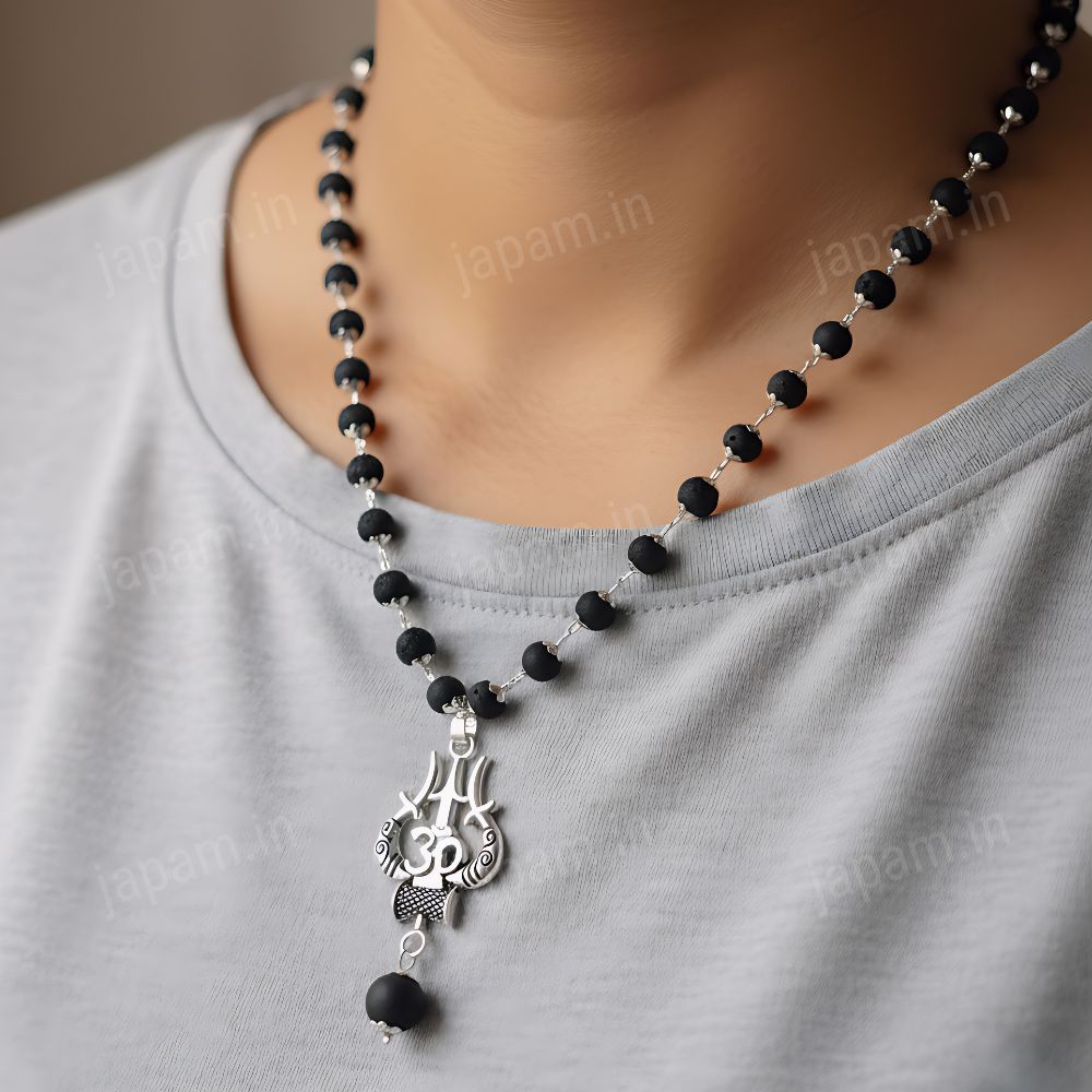 Silver Plated Karungali Necklace with Trishool Pendant