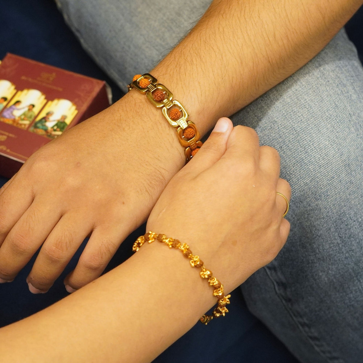 Gold Plated Essential + Elemental Rudraksha Rakhi Box for Bhaiya & Bhabhi
