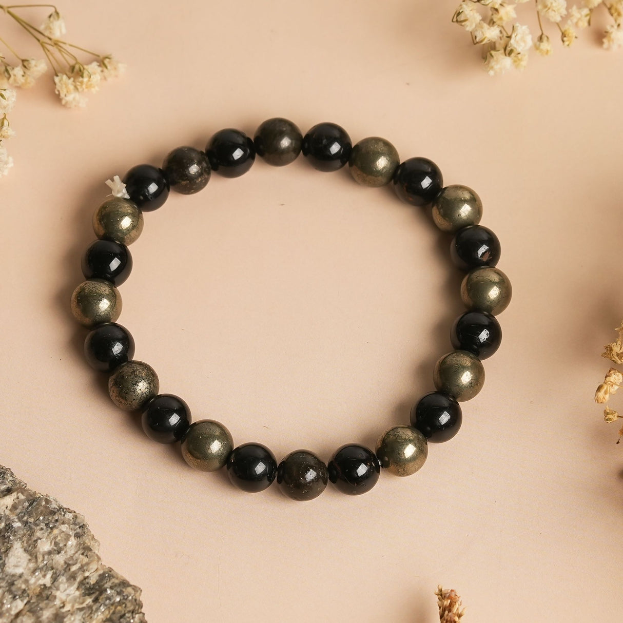 Wealth Shield Band with Pyrite and Black Obsidian Stones