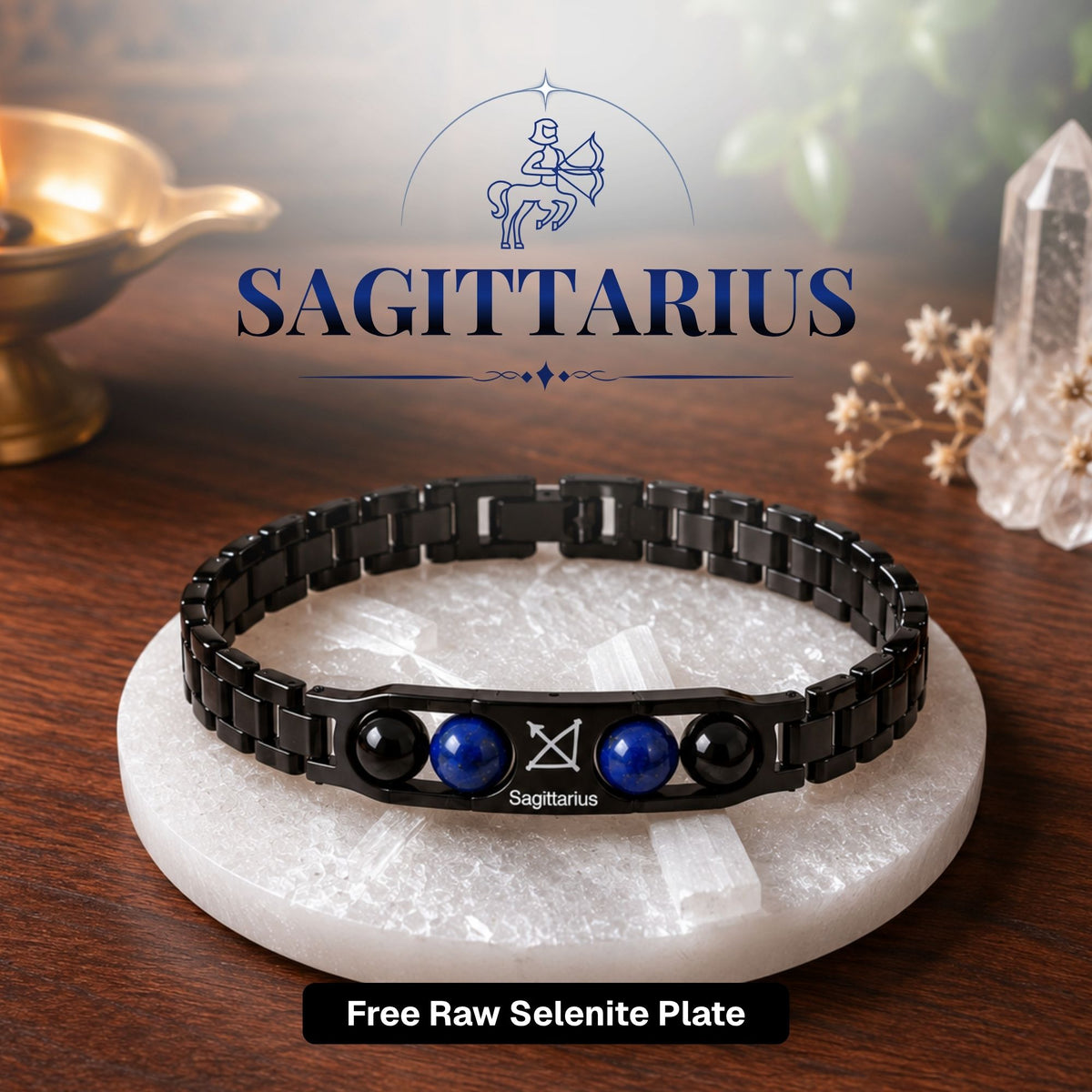 Sagittarius Zodiac Sign Metal Bracelet + Free Selenite Plate