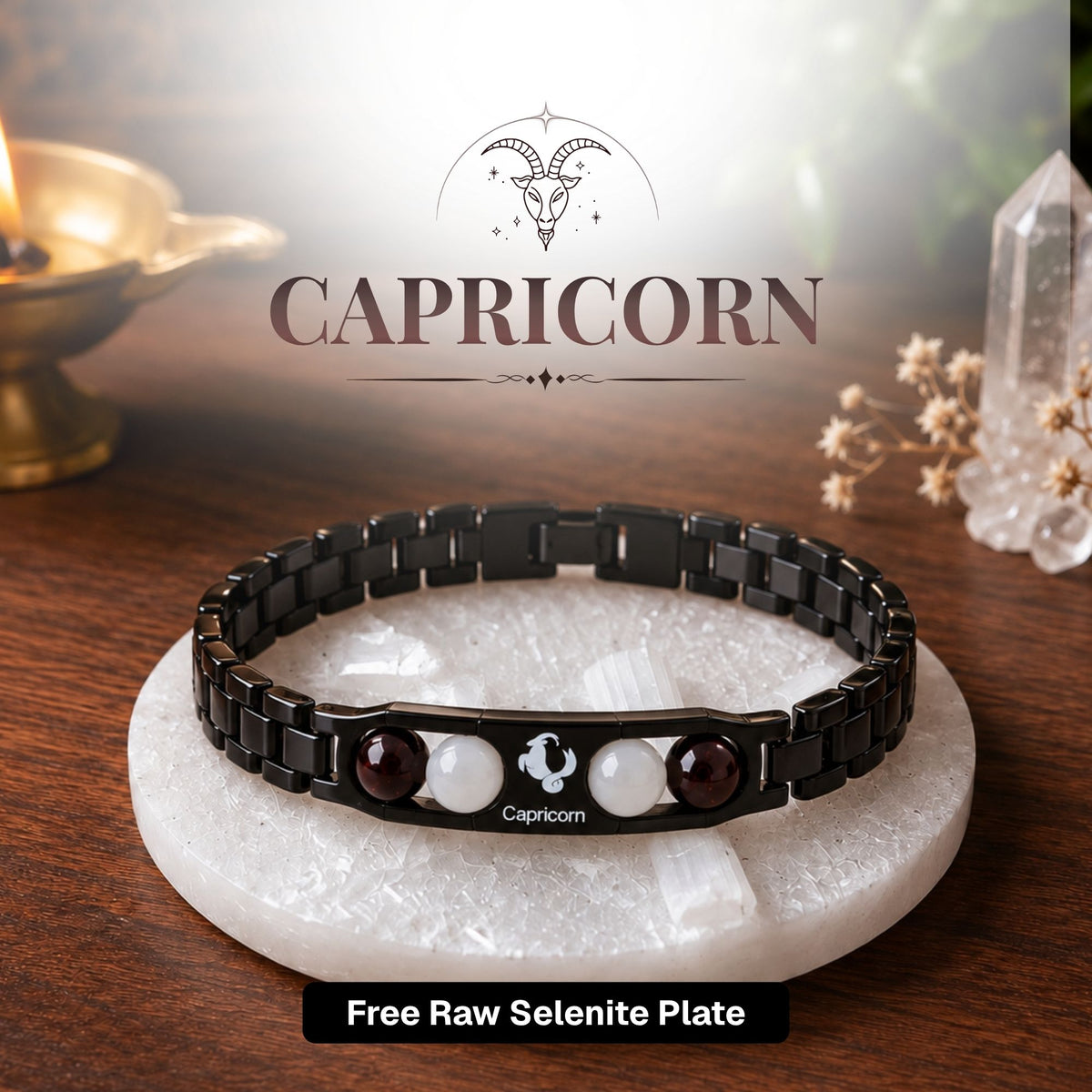 Capricorn Zodiac Sign Metal Bracelet + Free Selenite Plate