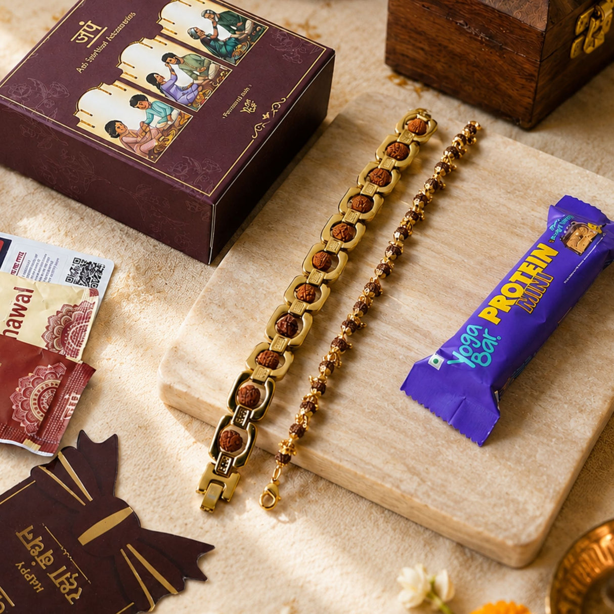 Gold Plated Essential + Elemental Rudraksha Rakhi Box for Bhaiya & Bhabhi