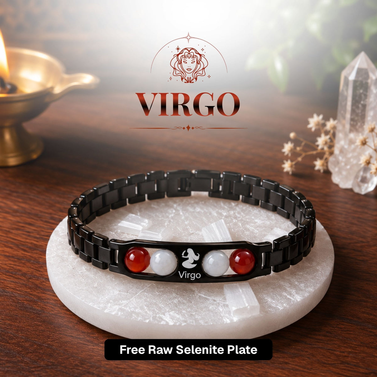 Virgo Zodiac Sign Metal Bracelet + Free Selenite Plate