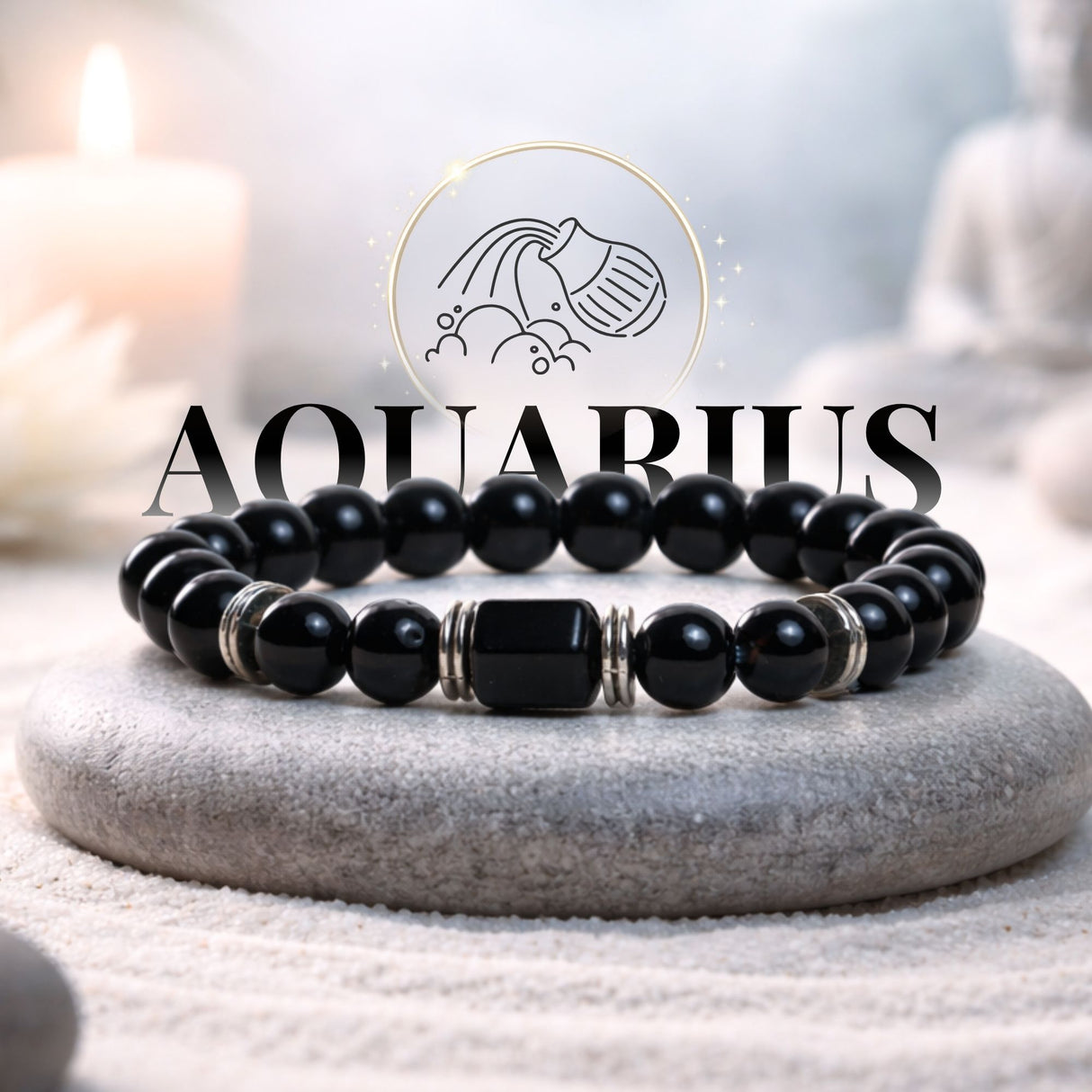 Black Onyx Zodiac Band – Aquarius (कुंभ राशि)
