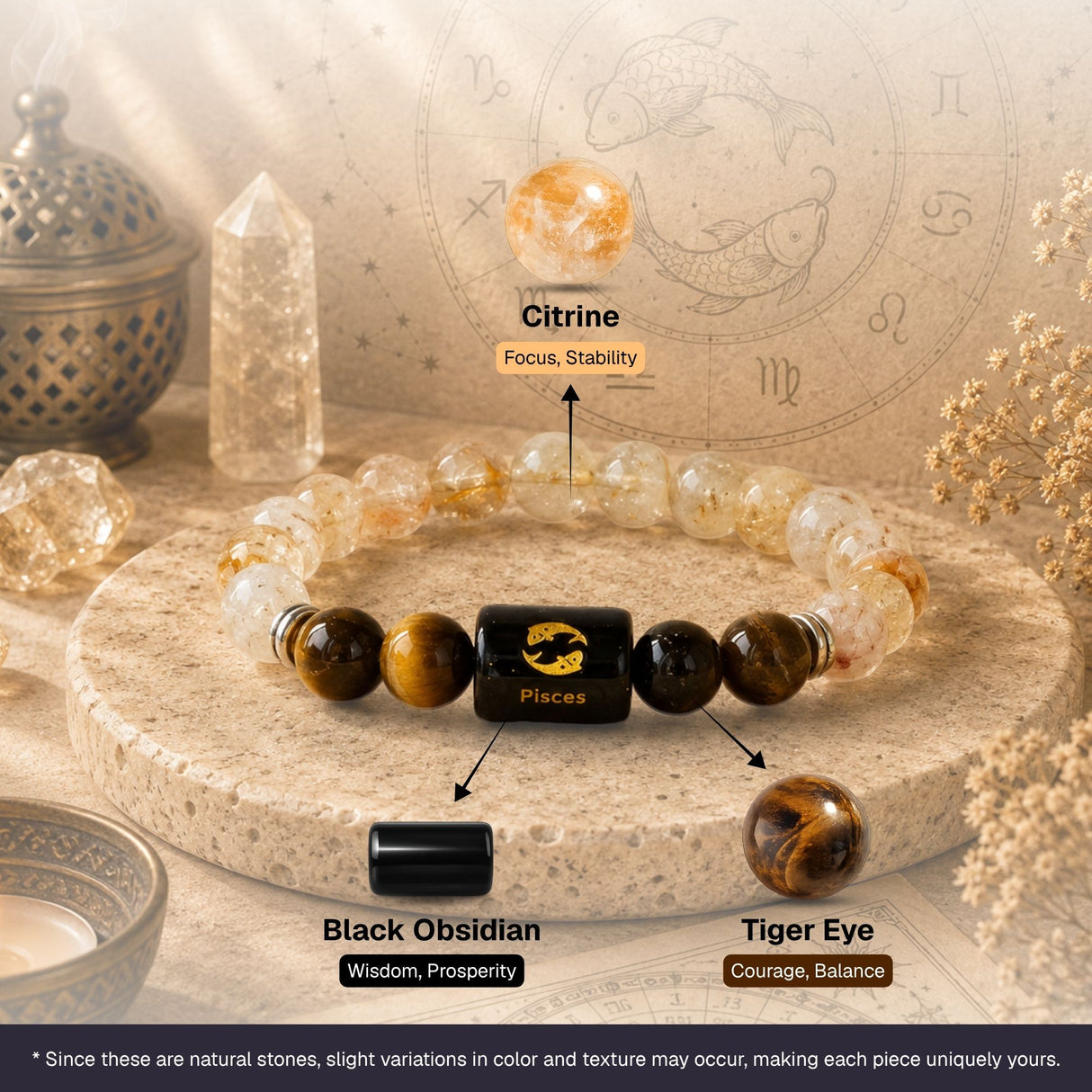 Citrine & Tiger Eye Zodiac Band for Pisces (मीन राशि)