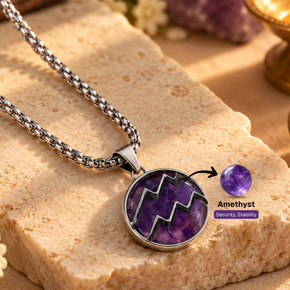 Aquarius Zodiac Pendant with Amethyst Stone