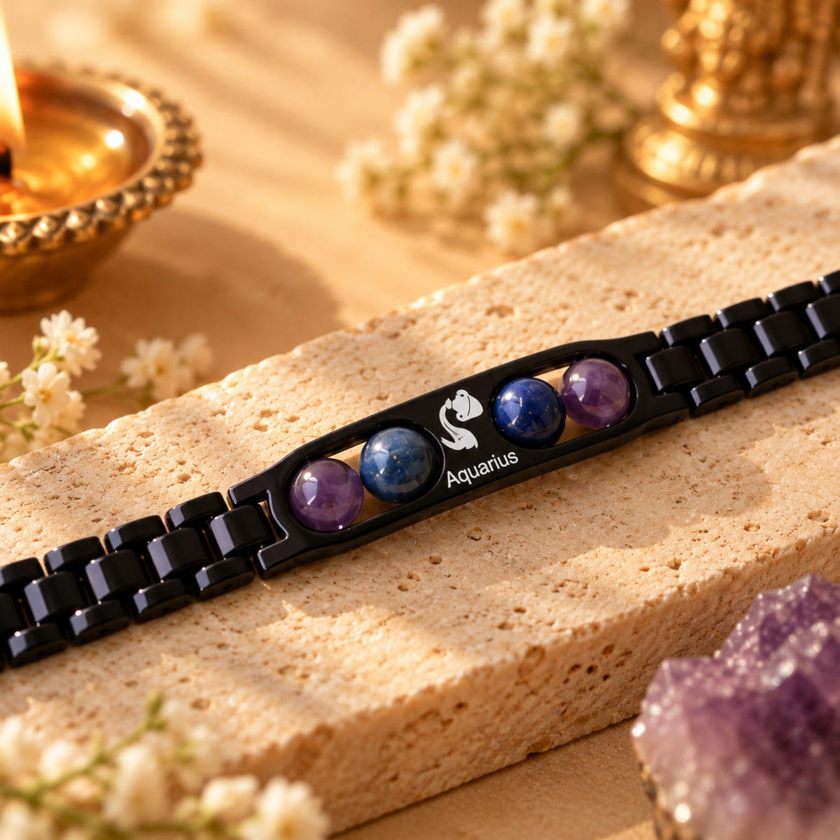 Aquarius Zodiac Sign Metal Bracelet + Free Selenite Plate