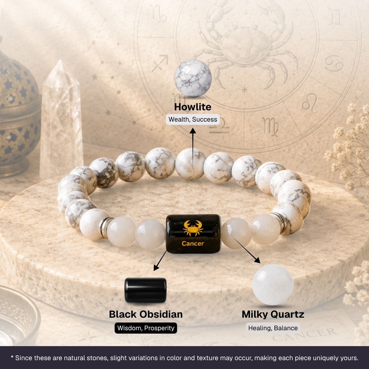 Howlite & Milky Quartz Zodiac Band for Cancer (कर्क राशि)