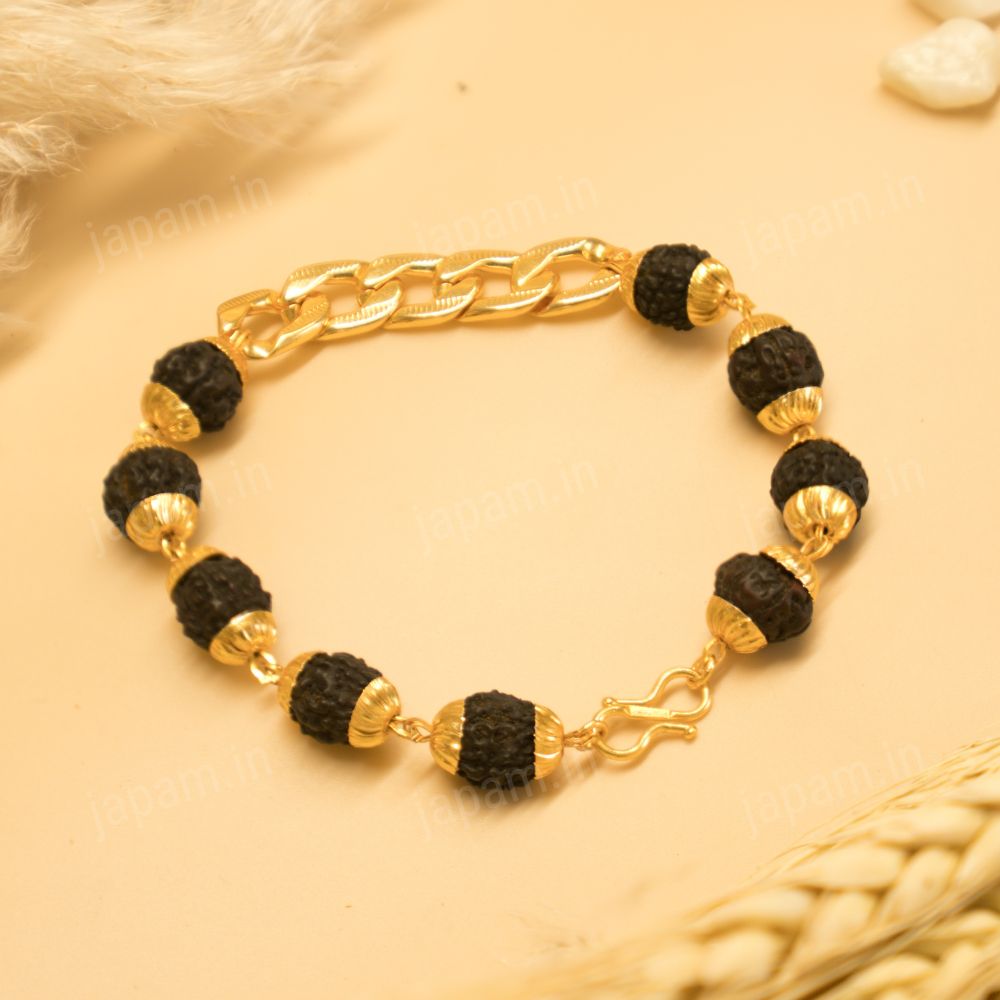 Gold Plated Black Links Rudraksha Bracelet For Men - Main Image