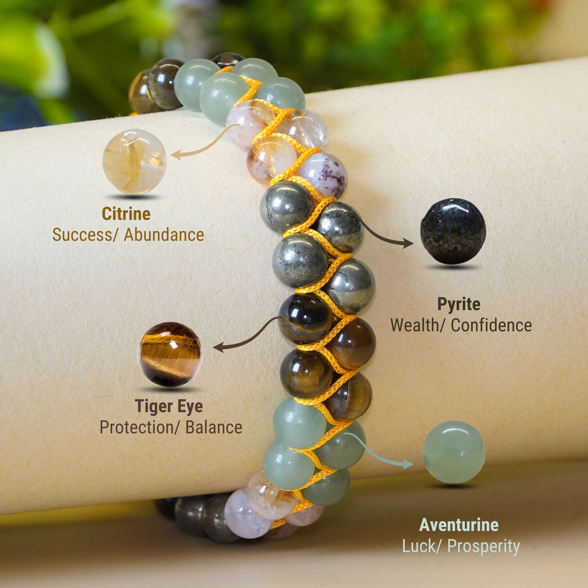 Money Magnet Double Fusion Tie-Up Band with Pyrite, Tiger Eye, Citrine & Aventurine Beads