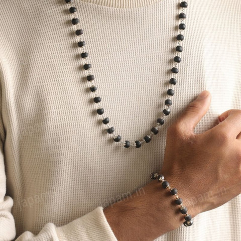 Silver Plated Karungali Mala + Karungali Bracelet Combo For Men