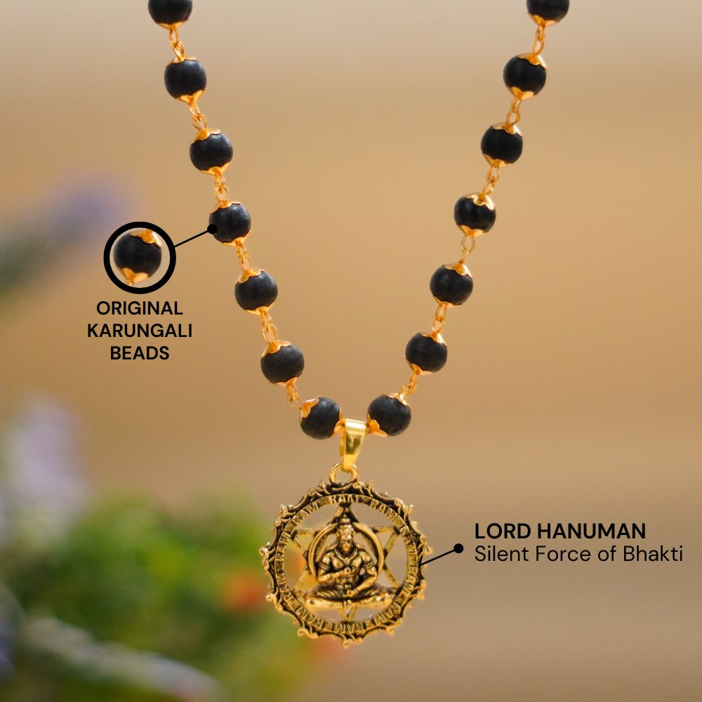 Gold Plated Karungali Necklace with Hanuman Pendant