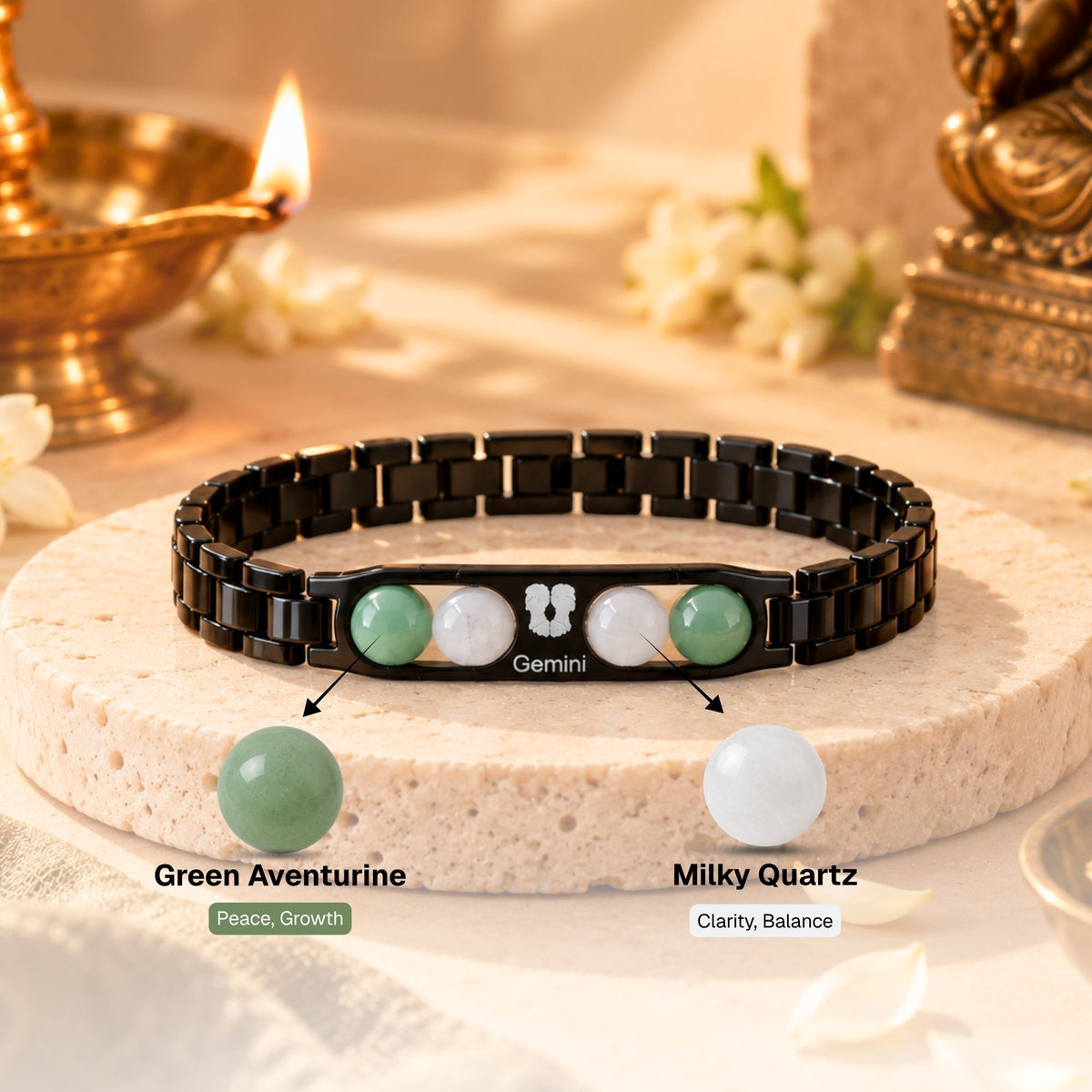 Gemini Zodiac Sign Metal Bracelet + Free Selenite Plate