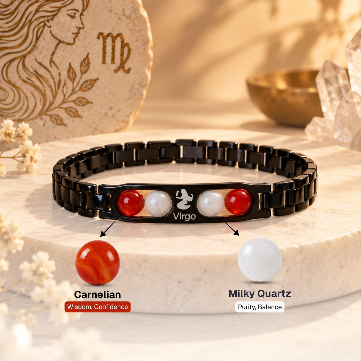 Virgo Zodiac Sign Metal Bracelet + Free Selenite Plate