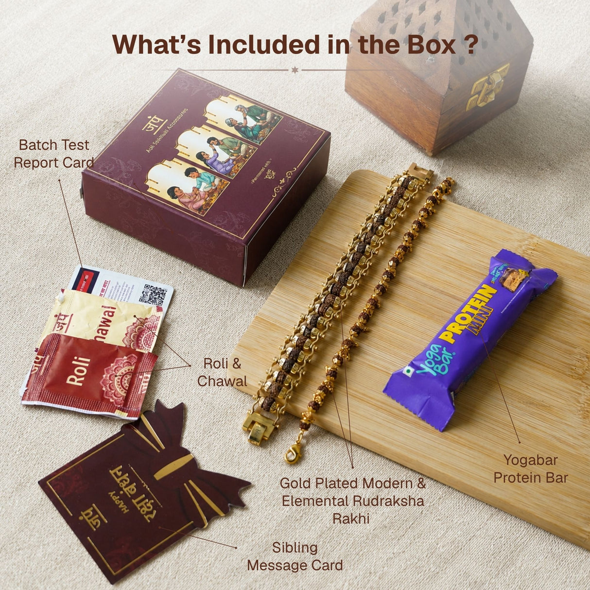 Gold Plated Modern + Elemental Rudraksha Rakhi Box for Bhaiya & Bhabhi