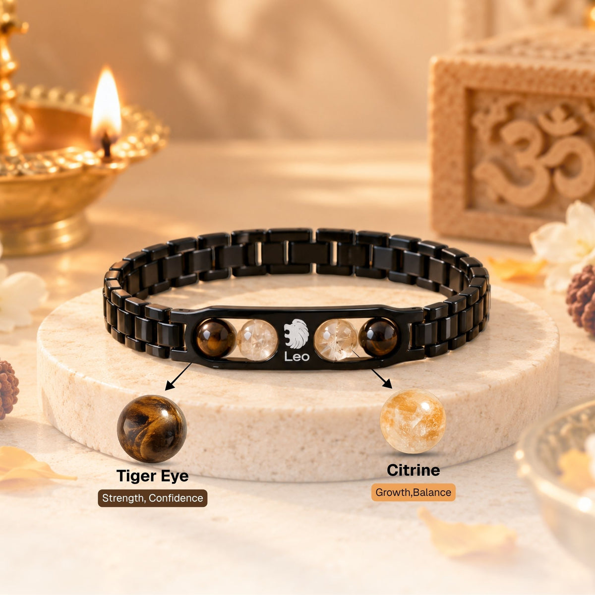 Leo Zodiac Sign Metal Bracelet + Free Selenite Plate