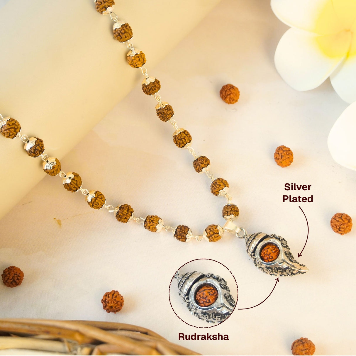 Silver Plated Shiv Shankh Rudraksha Mala