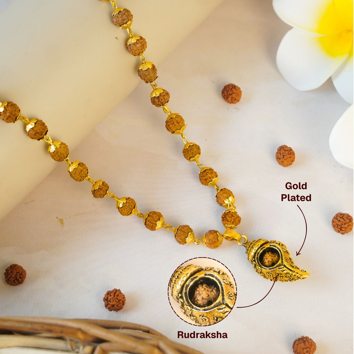 Gold Plated Shiv Shankh Rudraksha Mala