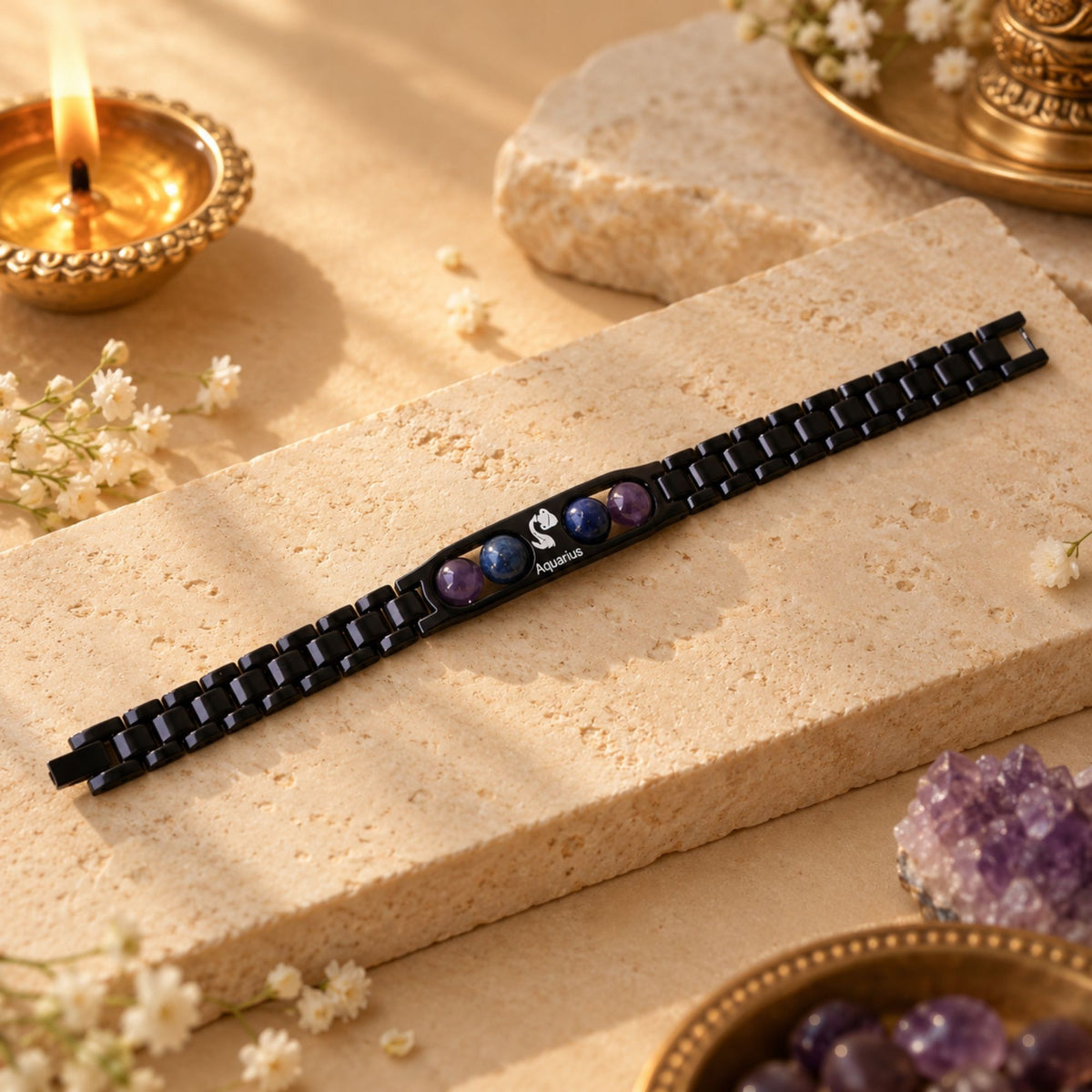 Aquarius Zodiac Sign Metal Bracelet + Free Selenite Plate