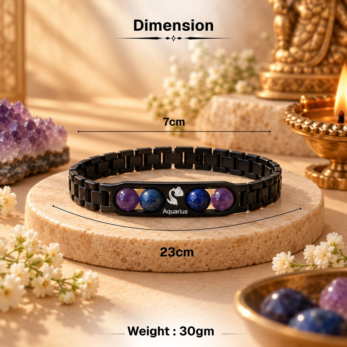 Aquarius Zodiac Sign Metal Bracelet + Free Selenite Plate