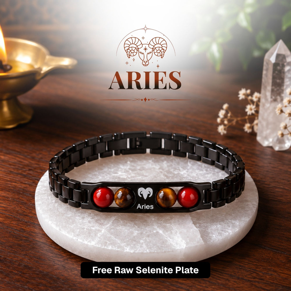 Aries Zodiac Sign Metal Bracelet + Free Selenite Plate