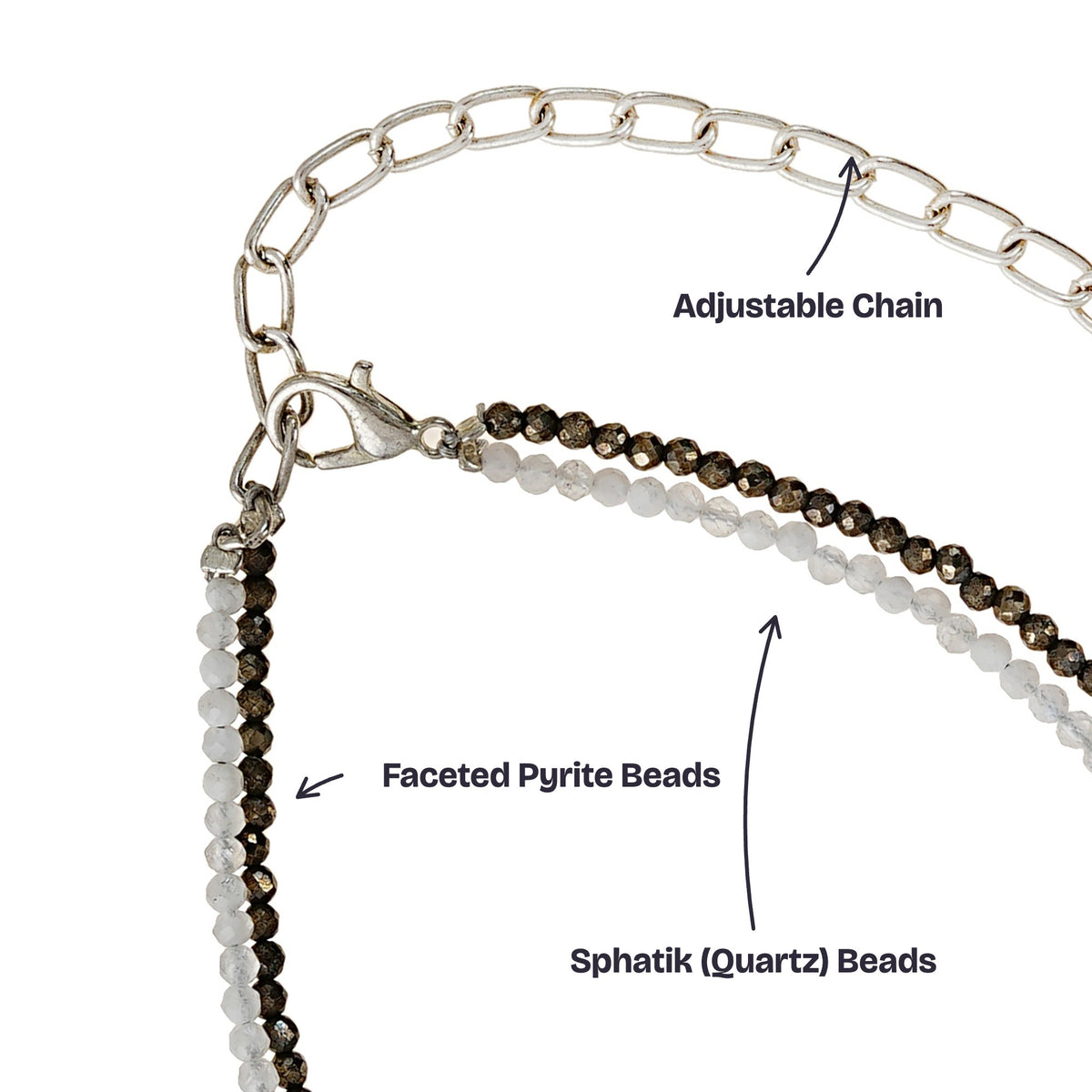Close-up of the faceted pyrite and Sphatik quartz beads, lobster clasp and adjustable chain