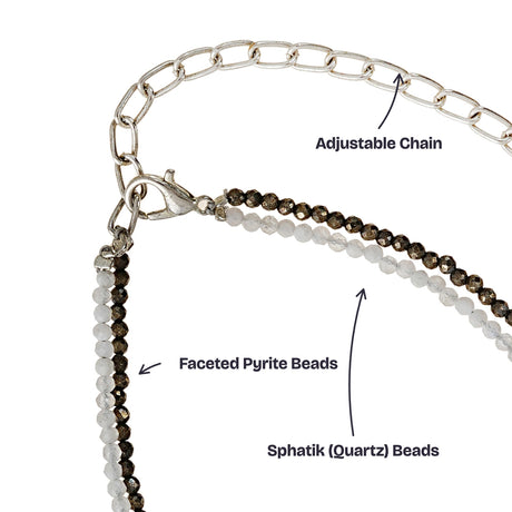 Close-up of the faceted pyrite and Sphatik quartz beads, lobster clasp and adjustable chain