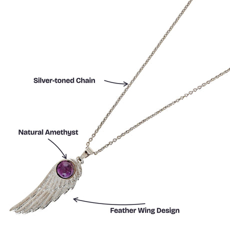 Close-up of the round amethyst stone set in the silver-toned feather wing pendant