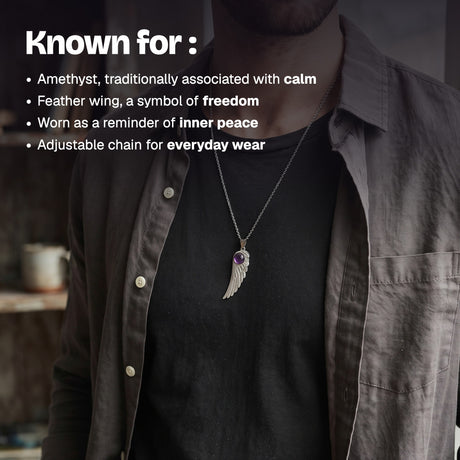 Man wearing the amethyst feather pendant over a black t-shirt and open shirt