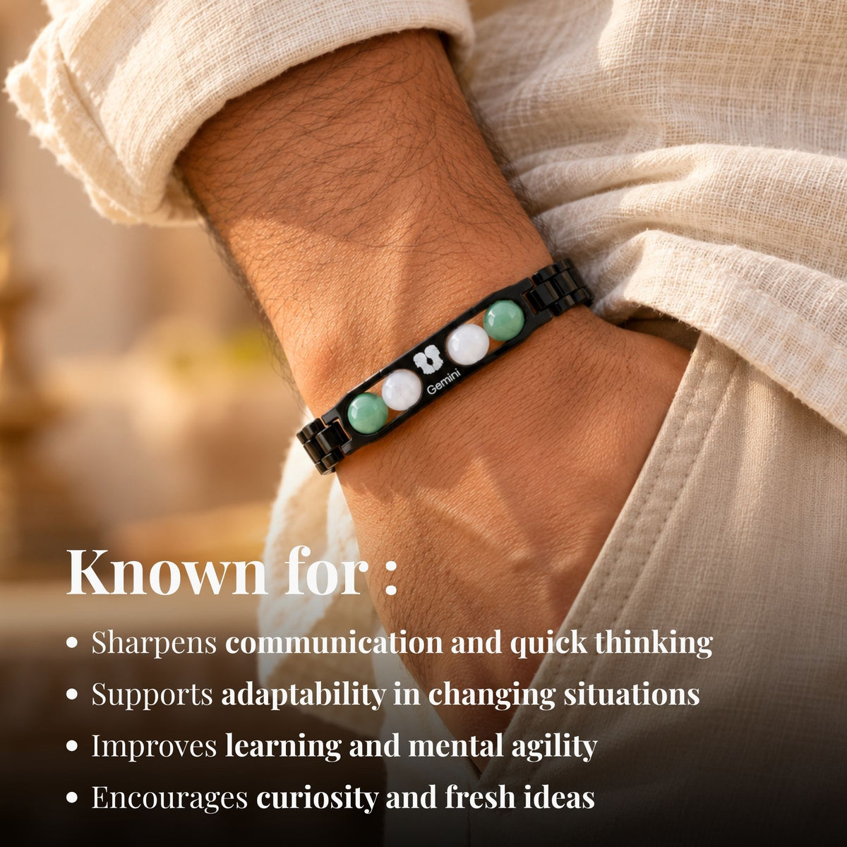 Gemini Zodiac Sign Metal Bracelet + Free Selenite Plate
