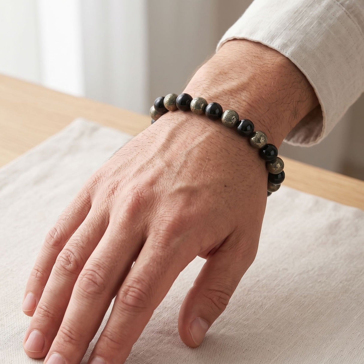 Wealth Shield Band with Pyrite and Black Obsidian Stones