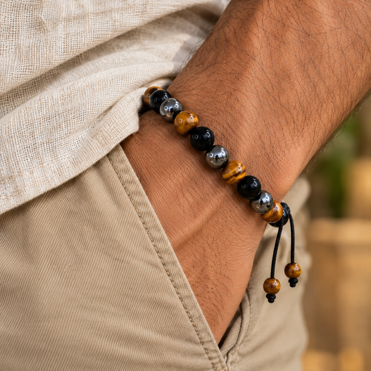 Triple Protection Tie-Up Band with Tiger Eye, Black Obsidian & Hematite Beads